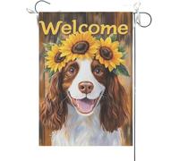 Drapeaux De Jardin Épagneul Springer Anglais Portant Un Tournesol Sur La Tête, Planches En Bois Drapeau Fierté Durable Drapeaus Décoratif Résistant Bannières Extérieure Pour Défilé 30X45CM