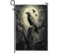 Drapeaux de jardin fantaisie fantaisie corbeau pour Halloween, 30,5 x 45,7 cm, double face pour l'extérieur, motif arbre magique de la forêt corbeau, drapeau de maison, drapeau panoramique pour cour
