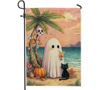 Drapeaux De Jardin Fantôme De Pêche Fantaisiste Pour Halloween Tropical Avec Chat Et Palmier Drapeau Fierté Couleurs Vives Drapeaus Décoratif Résistant Bannières Extérieure Pour Fête 30X45CM