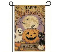 Drapeaux de jardin fantôme Happy Halloween, décorations extérieures double face, toile de jute, résistant aux intempéries, petits drapeaux décoratifs pour chat, citrouille, pour porche, pelouse, cour