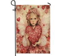 Drapeaux de jardin féérique 3D pour la Saint-Valentin, 30,5 x 45,7 cm, double face pour décoration extérieure, rose romantique, cœur d'amour en toile, drapeau de maison, vacances, extérieur, petit