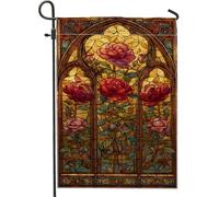 Drapeaux De Jardin Fleur De Vitrail Fleur Rouge Drapeau De Bienvenue Imprimé Bannière, Pour Les Bureaux, Les Défilés, Balcon, 30x45cm