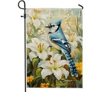 Drapeaux De Jardin Geai Bleu, Fleurs Printanières Et Estivales Avec Des Lys Blancs Premium Pelouse Drapeaux Toutes Les Saisons Treer Drapeau Pour Ferme Balcon Fête 30X45Cm