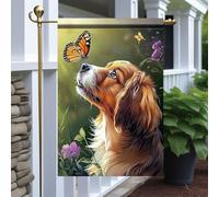 Drapeaux De Jardin Golden Dog And Butterfly Spring Toutes Les Saisons Pelouse Drapeaux Résiste Aux Intempéries Garden Flag Pour Jardinage Célébrations M