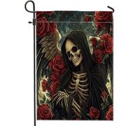 Drapeaux de jardin gothiques d'Halloween squelette d'ange 30,5 x 45,7 cm double face pour décoration extérieure, esthétique, vintage, tête de mort, drapeau en toile, jour des morts, petit drapeau de
