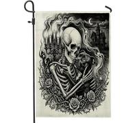 Drapeaux de jardin gothiques Halloween Pitbull 30,5 x 45,7 cm double face pour extérieur, squelette gothique effrayant standard en toile verticale, drapeaux de maison, drapeaux effrayants pour cour