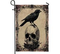 Drapeaux de jardin Halloween Horreur gothique corbeau 30,5 x 45,7 cm double face pour extérieur, squelette gothique effrayant motif cool en toile standard, drapeau de maison, crâne effrayant avant