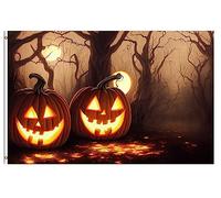 Drapeaux De Jardin Halloween Pumpkin Lantern In Mysterious Garden Flag Résiste Aux Intempéries Treer Drapeau Pour Célébrations Balcon Fête Ferme 90X150 CM