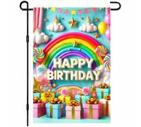 Drapeaux De Jardin Happy Birthday Birthday Rainbow Cloud Gift Cake And Balloons Signs Décorations Bannière Extérieure Premium Drapeau Extérieur Pour Balcon Fête Célébrations S