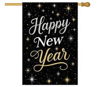 Drapeaux De Jardin Happy New Year Black And Gold With Silver Stars Elegant Holiday Résiste Aux Intempéries Treer Drapeau Premium Pelouse Drapeaux Pour Balcon Fête Ferme S