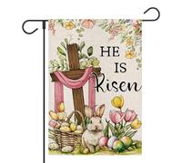Drapeaux De Jardin He Is Risen Easter Tulips Easter Eggs Bunny Crossed Flowers Décorations Pelouse Drapeaux Coupe-Vent Et Étancheune Garden Flag Pour Balcon Fête Célébrations M