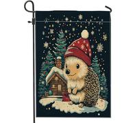 Drapeaux de jardin hérisson de Noël 30,5 x 45,7 cm double face pour extérieur, forêt enneigée de Noël, petits drapeaux de maison en toile de jute pour extérieur