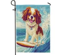 Drapeaux de jardin japonais amusants de 30,5 x 45,7 cm pour l'extérieur, motif pixel d'été, chien de surf, drapeau vertical standard en lin pour maison, chiot, cour, pelouse, décoration extérieure