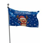 Drapeaux De Jardin Joyeux Noël ! Chapeau De Noël Bleu Hivernal Avec Cerf Et Flocon De Neige Grand Drapeau Imprimé Couleurs Vives Bannière, Pour D'Intérieur, Balcon, Les Défilés, 90x150cm
