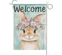 Drapeaux De Jardin Lapin Portant Des Fleurs Sur La Tête Planches De Bois Bannière Jardins Imperméabiliser Bannières Extérieure Couleurs Vives Drapeaus Décoratif Pour Défilé Festivals 30X45CM