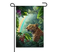 Drapeaux De Jardin Léopard Dans La Forêt Tropicale Après La Pluie Avec Un Arc-En-Ciel Toutes Les Saisons Bannière Extérieure Premium Drapeau Extérieur Pour Célébrations Jardinage 30X45Cm