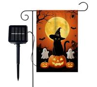 Drapeaux de jardin lumineux pour Halloween - 9 modes - Décorations solaires double face à DEL - Décorations de cour pour terrasse, pelouse, porte de maison, porche (chat noir fantôme, 30,5 x 45,7 cm
