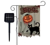 Drapeaux de jardin lumineux pour Halloween - 9 modes - Double face - Décorations solaires à DEL pour terrasse, pelouse, porte de maison, porche (chat noir fantôme, 30,5 x 45,7 cm) (E)