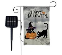 Drapeaux de jardin lumineux pour Halloween - 9 modes - Double face - Décorations solaires à DEL pour terrasse, pelouse, porte de maison, porche (chat noir fantôme, 30,5 x 45,7 cm) (J)