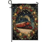Drapeaux de jardin « Merry Christmas » en forme de train à vapeur de 30,5 x 45,7 cm pour l'extérieur, couronne de Noël amusante standard en lin pour maison, vacances, Nouvel An, cour, jardin, pelouse