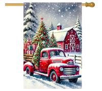 Drapeaux De Jardin Merry Christmas House Red Truck Barn Résiste Aux Intempéries Bannière Extérieure Coupe-Vent Et Étancheune Drapeau Extérieur Pour Célébrations Jardinage S
