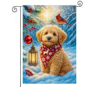 Drapeaux De Jardin Merry Christmas Puppy Goldendoodle Puppy With Cardinal Bird Résiste Aux Intempéries Bannière Extérieure Premium Treer Drapeau Pour Jardinage Balcon Fête M