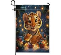Drapeaux de jardin « Merry Christmas Tiger » de 30,5 x 45,7 cm pour l'extérieur, l'hiver pour enfant, animal de Noël, drapeaux verticaux standard en lin, vacances, faune sauvage, cour, cour, pelouse