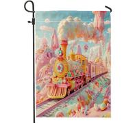 Drapeaux de jardin mignons sur le thème des bonbons 30,5 x 45,7 cm double face pour l'extérieur, garçons et filles, trains avant, cour, arrière-cour, drapeaux verticaux de maison, drapeaux de pelouse