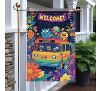 Drapeaux De Jardin Monsters Bus Welcome Colorful Cartoon Monsters On Bus With Flowers Fun Premium Treer Drapeau Toutes Les Saisons Bannière Extérieure Pour Ferme Patio M