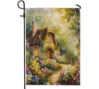 Drapeaux De Jardin Peinture À L'Huile Verte, Style Chalet, Esthétique De Cabane, Fleurs, Ferme, Féerie Européenne Durable Bannière Jardins Résistant Drapeaus Décoratif Pour 30X45CM