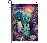 Drapeaux De Jardin Pingouin Vibrant, Vagues Colorées Au Coucher Du Soleil Drapeau Fierté Résistant Drapeaus Décoratif Imperméabiliser Bannière Jardins Pour Fête Festivals Défilé 30X45CM