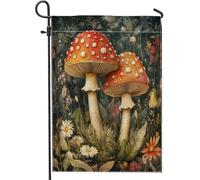 Drapeaux de jardin pittoresques en forme de champignon forestier 30,5 x 45,7 cm double face pour décoration extérieure, beau drapeau vintage en toile, paysage botanique extérieur, petit drapeau de