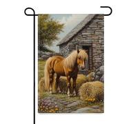 Drapeaux De Jardin Poney Devant La Grange En Pierre Résiste Aux Intempéries Pelouse Drapeaux Toutes Les Saisons Treer Drapeau Pour Ferme Balcon Fête 30X45Cm
