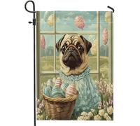 Drapeaux de jardin pour chien carlin de printemps de Pâques 30,5 x 45,7 cm double face pour extérieur, chiot Victoria Country en toile verticale standard, drapeaux de maison de ferme, avant cour