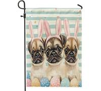 Drapeaux de jardin pour chien carlin de printemps de Pâques 30,5 x 45,7 cm double face pour l'extérieur, œufs mignons et amusants, chiots en toile verticale, drapeaux de maison, drapeaux funky pour