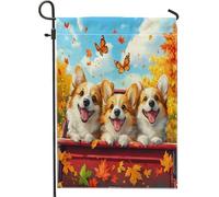 Drapeaux de jardin pour chien Corgi d'automne 30,5 x 45,7 cm double face pour extérieur, camion d'automne, feuille d'érable standard, drapeaux de pelouse en toile de jute standard, pour chiot