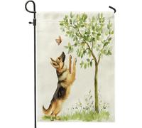 Drapeaux de jardin pour chien de berger allemand de printemps 30,5 x 45,7 cm double face pour l'extérieur, chiot amusant aquarelle standard en toile verticale drapeau de maison, drapeau de maison pour
