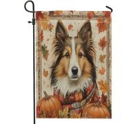 Drapeaux de jardin pour chien de berger Shetland d'automne 30,5 x 45,7 cm pour extérieur, chiot vertical d'automne vintage standard en lin pour maison, citrouille, animal domestique, cour, pelouse