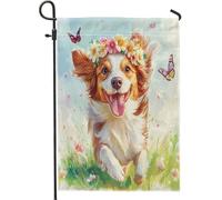 Drapeaux de jardin pour chien de printemps Bretagne 30,5 x 45,7 cm double face pour extérieur, motif papillons amusants, drapeaux de maison en toile standard, drapeaux de maison, pour animaux de