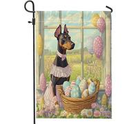 Drapeaux de jardin pour chien Doberman de printemps de Pâques 30,5 x 45,7 cm double face pour extérieur, chiot Victoria Country en toile verticale standard, drapeaux de maison de ferme, avant de cour