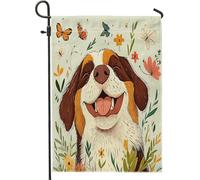 Drapeaux de jardin pour chien du printemps Saint-Bernard 30,5 x 45,7 cm double face pour extérieur, fleurs de dessin animé, petits drapeaux de maison en toile de jute pour extérieur