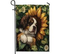 Drapeaux de jardin pour chien du printemps Saint-Bernard 30,5 x 45,7 cm double face pour extérieur, feuille de tournesol, chiot en toile standard, drapeaux d'extérieur amusants pour animaux de