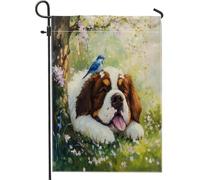 Drapeaux de jardin pour chien du printemps Saint-Bernard 30,5 x 45,7 cm double face pour extérieur, joli Bluebird Forest, cour, arrière-cour, drapeaux verticaux de maison en toile de jute pour animaux