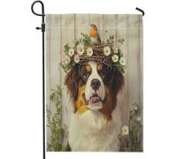 Drapeaux de jardin pour chien du printemps Saint-Bernard 30,5 x 45,7 cm double face pour extérieur, motif chiot en bois de ferme, drapeau de maison standard en toile, drapeau rustique pour animal de