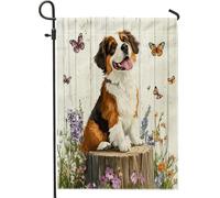 Drapeaux de jardin pour chien du printemps Saint-Bernard 30,5 x 45,7 cm double face pour extérieur, motif souche en bois floral, drapeaux de maison, drapeaux de maison, drapeaux pour animaux de