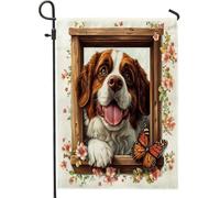 Drapeaux de jardin pour chien du printemps Saint-Bernard 30,5 x 45,7 cm double face pour l'extérieur, fenêtres florales amusantes, petits drapeaux de maison en toile de jute pour extérieur