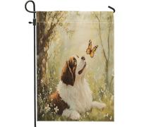 Drapeaux de jardin pour chien du printemps Saint-Bernard 30,5 x 45,7 cm double face pour l'extérieur, motif papillons amusants, drapeaux de maison en toile standard, drapeaux de maison, pour animaux