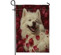 Drapeaux de jardin pour chien samoyède de Saint-Valentin 30,5 x 45,7 cm double face pour extérieur, amant rose chiot, drapeau vertical standard en toile pour maison, jardin, pelouse