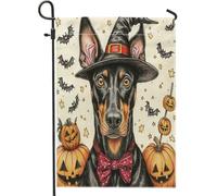 Drapeaux de jardin pour chien sorcière Doberman Halloween 30,5 x 45,7 cm double face pour décoration extérieure, citrouille effrayante, chauve-souris, chiot en toile, drapeau de maison, animal de