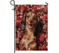 Drapeaux de jardin pour chien teckel de Saint-Valentin 30,5 x 45,7 cm double face pour extérieur, amant rose chiot, drapeau d'extérieur standard en toile pour animal de compagnie, décoration de